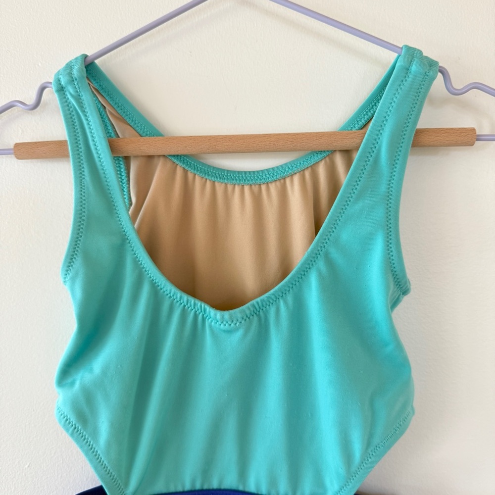 J.Crew Crewcuts Colorblock Cutout One-Piece Swimsuit Turquoise Blue | Girls 3 - Picture 6 of 8